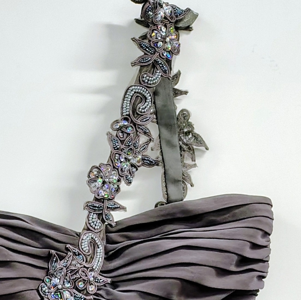 VTG Cache Embellished One Shoulder Metallic Pewter Mini Dress 6 NWOT - Picture 7 of 7